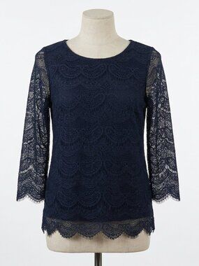 Adrianna Papell Shirt Women Size Small Black Lace Lined Scalloped Hemline